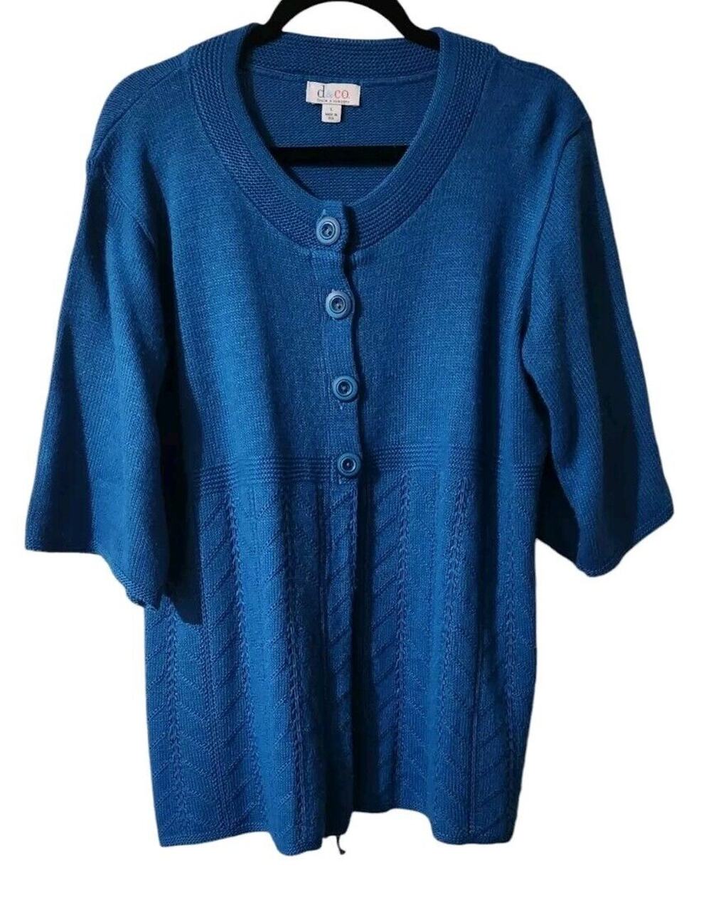 D & Co Denim Company Sweater Womens Size Large Cardigan Peacock Blue Bell Sleeve